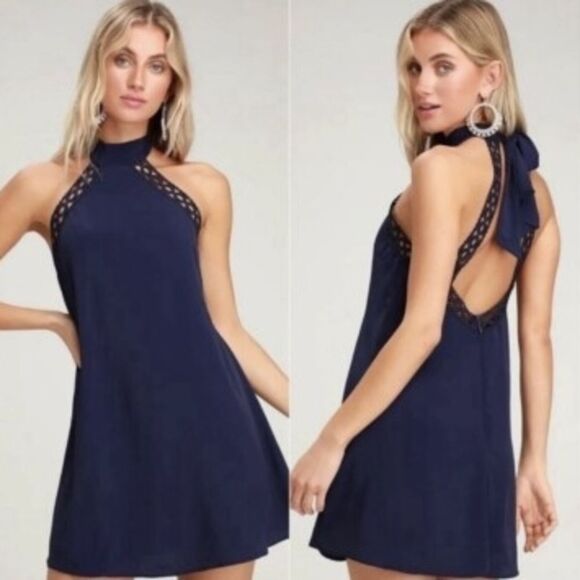 Lulus Dresses & Skirts - Lulus Navy Blue Lace Halter Open Back Sleeveless Trapeze Mini Dress Medium